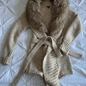 Express Tan Cardigan with Faux Fur Collar